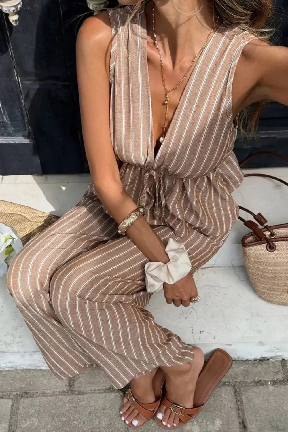 Textured Striped Sleeveless Top and Wide Leg Pants Set