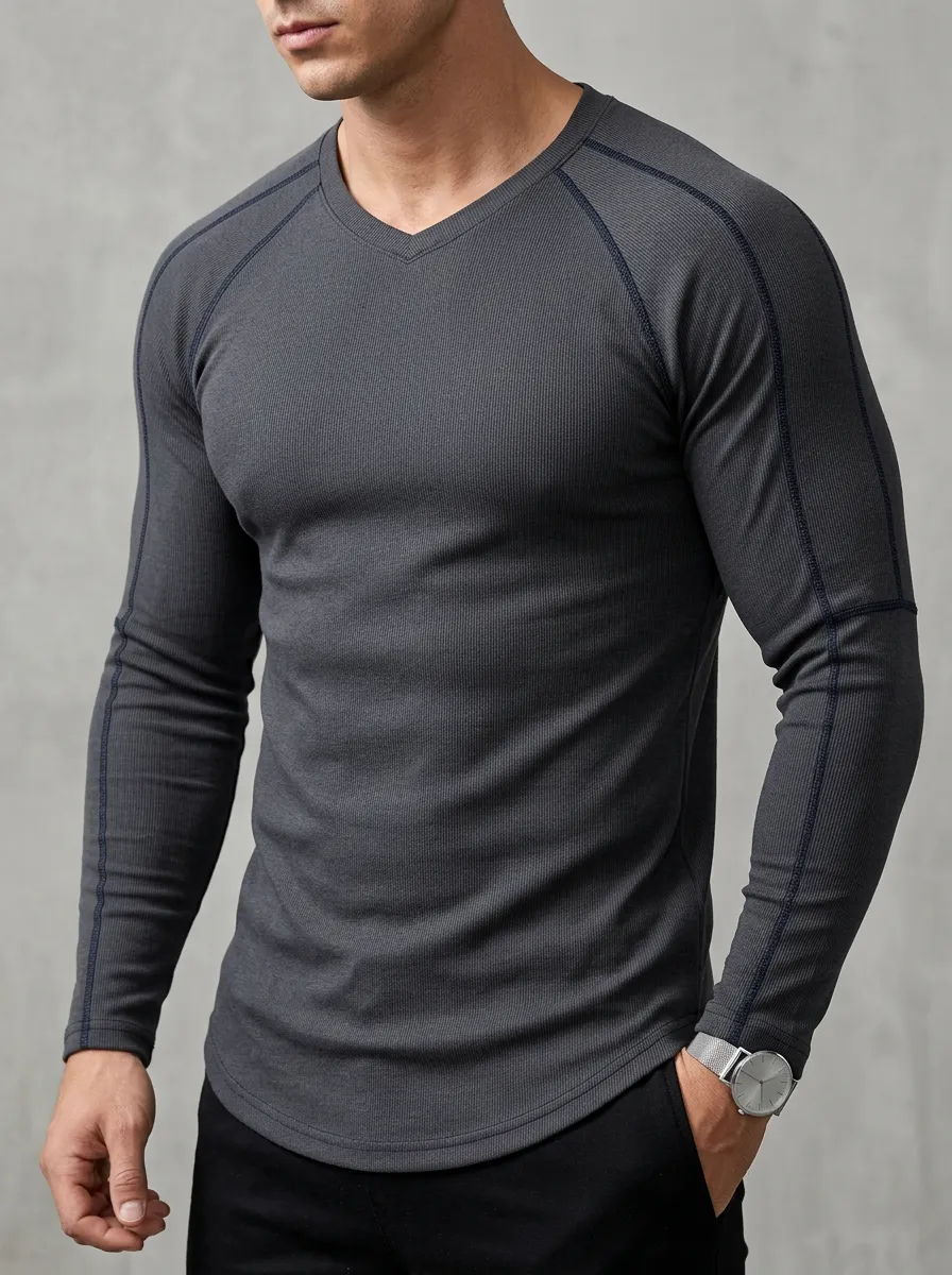 Men's Casual Athletic Ribbed V-Neck Long Sleeve T-Shirt