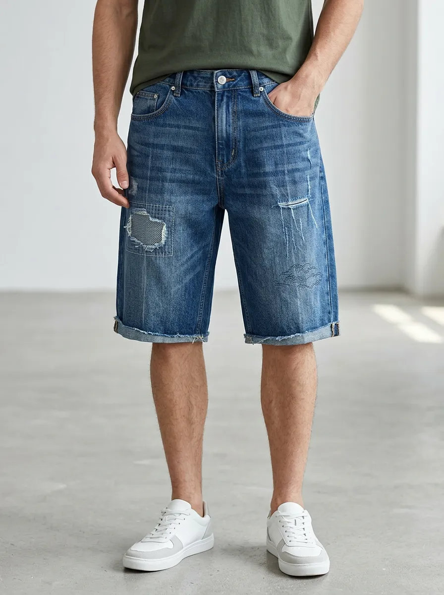 Storage-Ready Streetwear Patchwork Finish Men's Distressed Raw Hem Denim Shorts