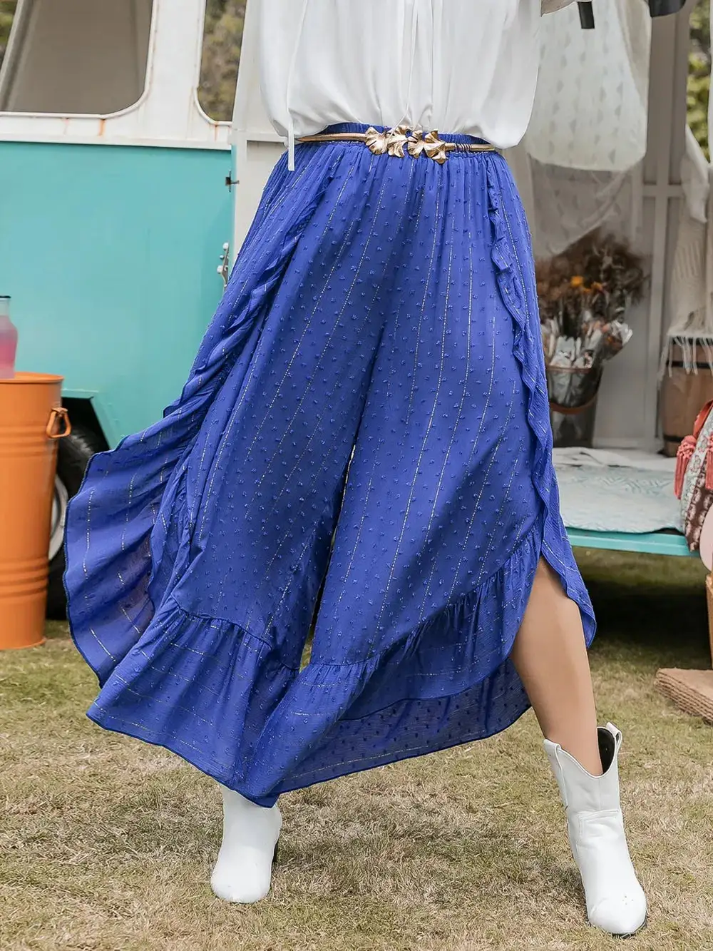 Ruffle Trim Wide Leg Pants