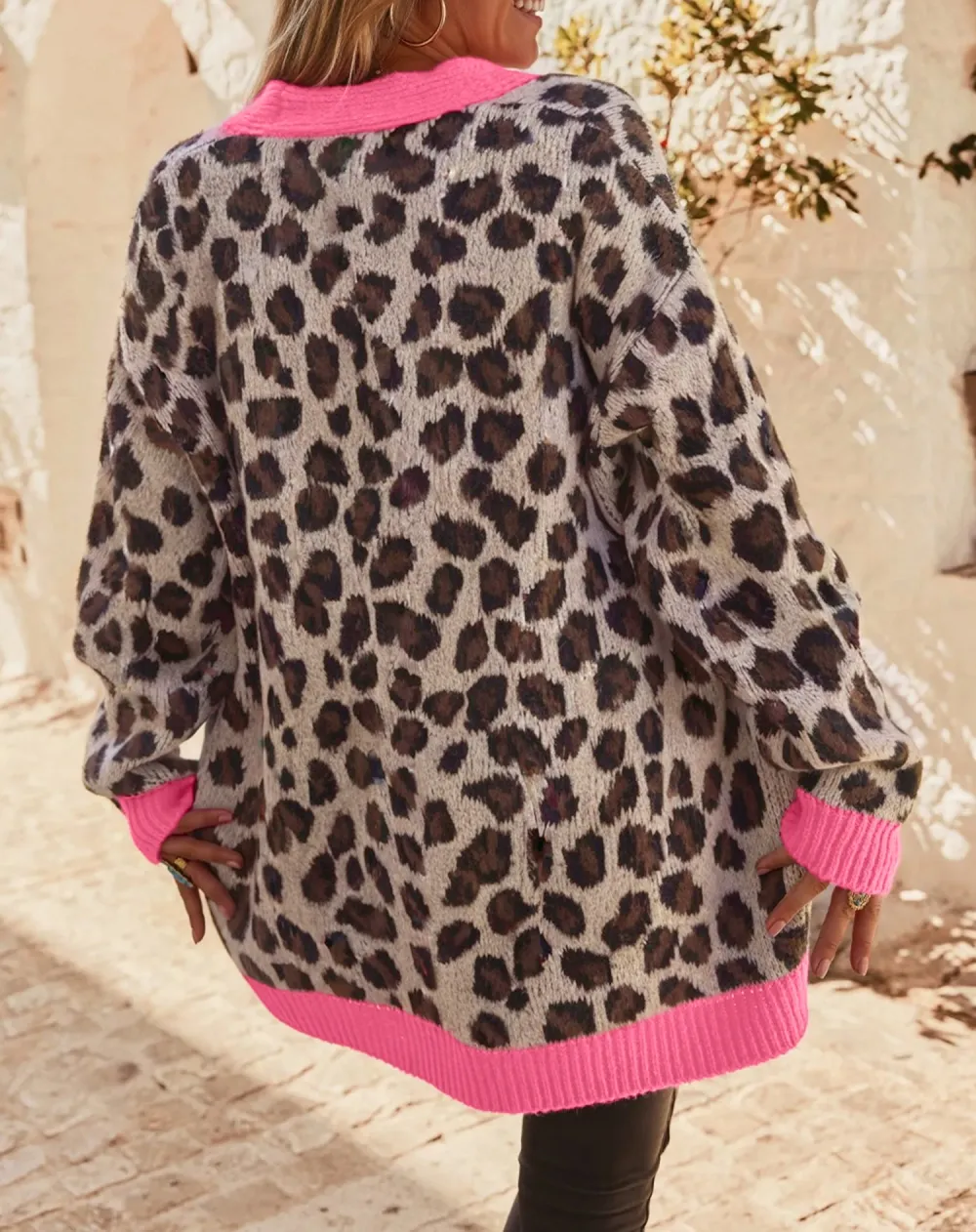 Oversized Color Block Trim Button Front Leopard Print Cardigan