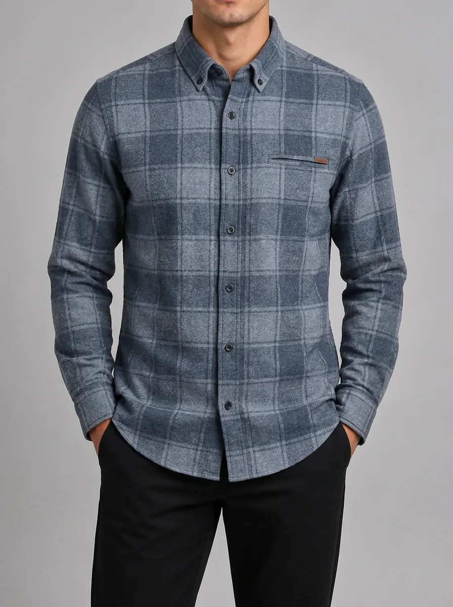 Men's Casual Style Grey Plaid Pattern Button Down Shirt