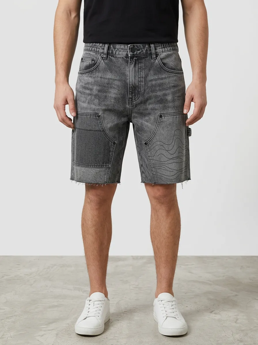 Men's Wave Patchwork Raw Hem Street Inspired Distressed Denim Shorts
