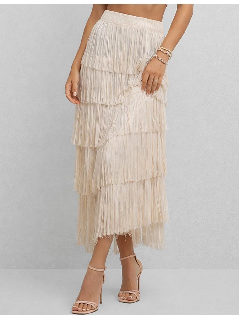 Fringe Solid Color Elastic Waist Midi Skirt