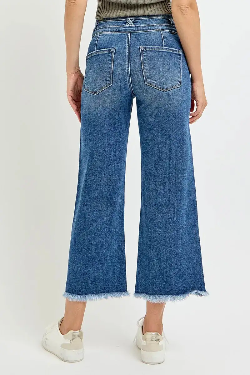 High Rise Wide Waistband Raw Hem Wide Leg Jeans