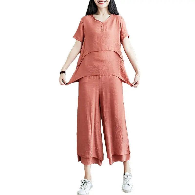 Women's Double-Layer Wide-Leg Pants Cotton And Linen Suit