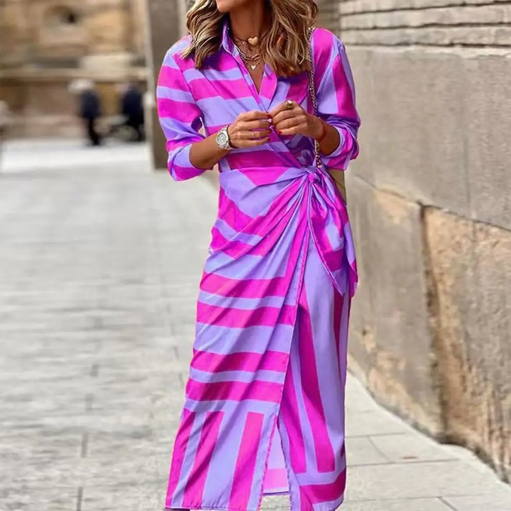 Bright Purple Print 3/4 Sleeve Maxi Dress
