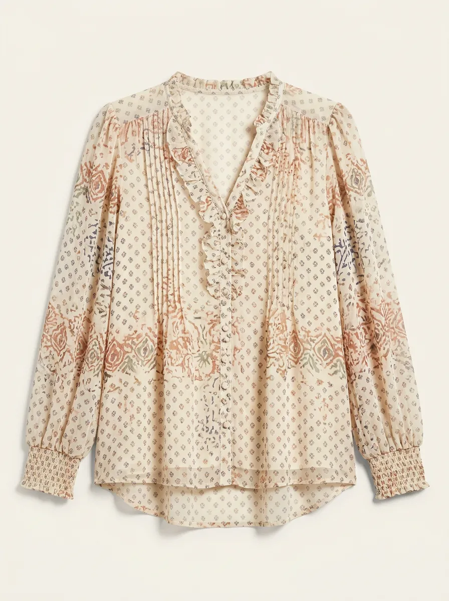 Women's Boho Floral Pattern Ruffle Trim Printed Blouse