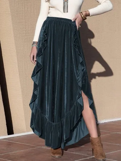 Ruffle Trim Wide Leg Slit Pants Skirt