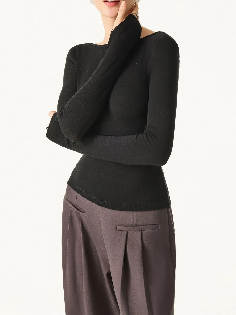 Lyocell-Wool Round Neck Long Sleeve Reversible Top