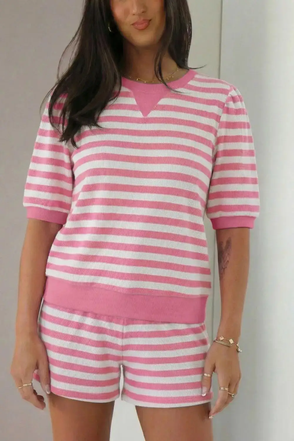 Textured Striped Round Neck Top Shorts Set