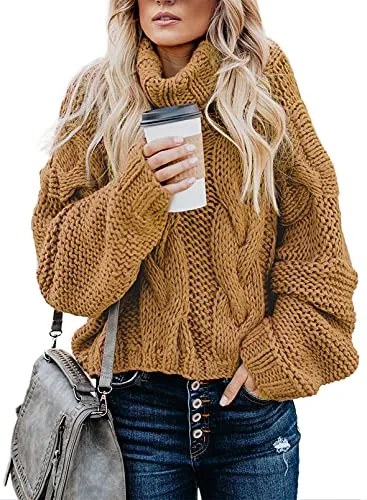Women's 2025 Turtleneck Balloon Long Sleeve Casual Loose Chunky Cable Knit Pullover Sweater Outerwear