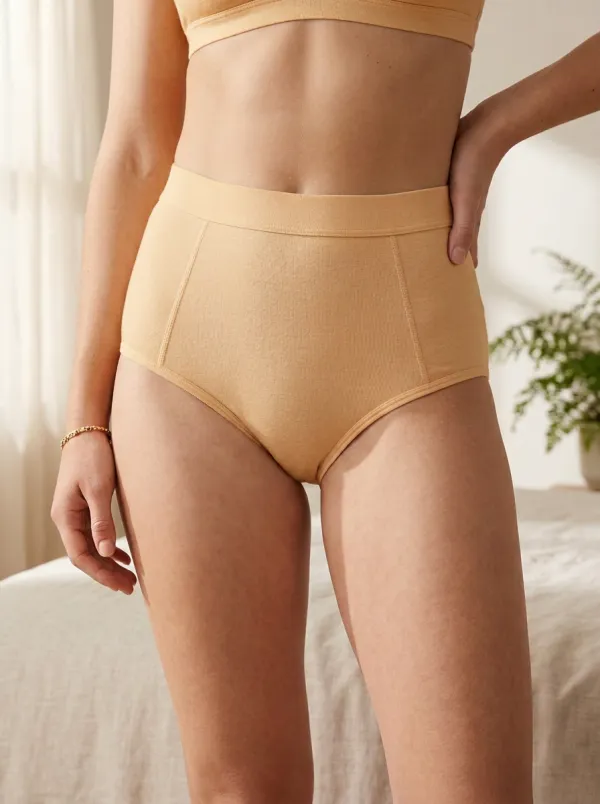 Women's Home Comfort Beige Ribbed High-Waisted Printed Panties