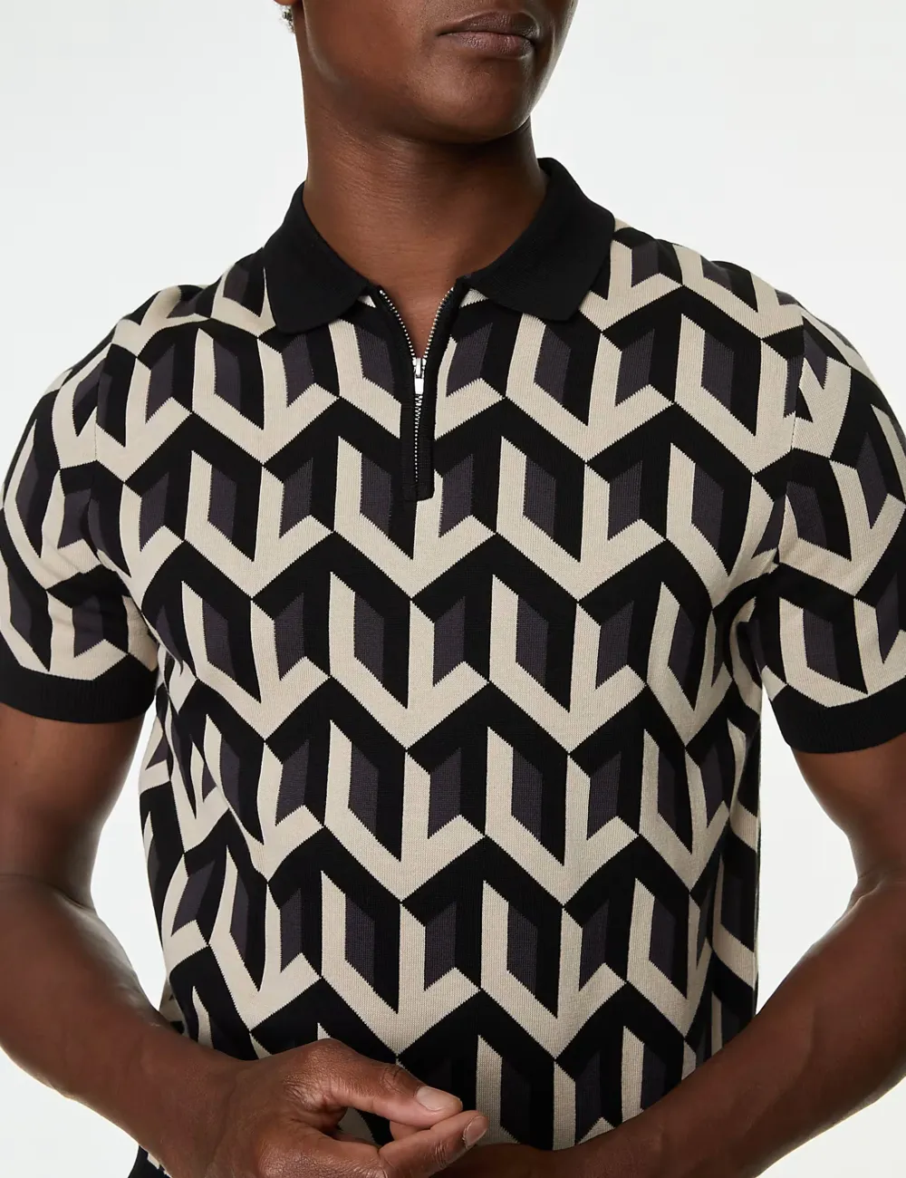 Men's Black Geometric Short Sleeve Polo Shirt