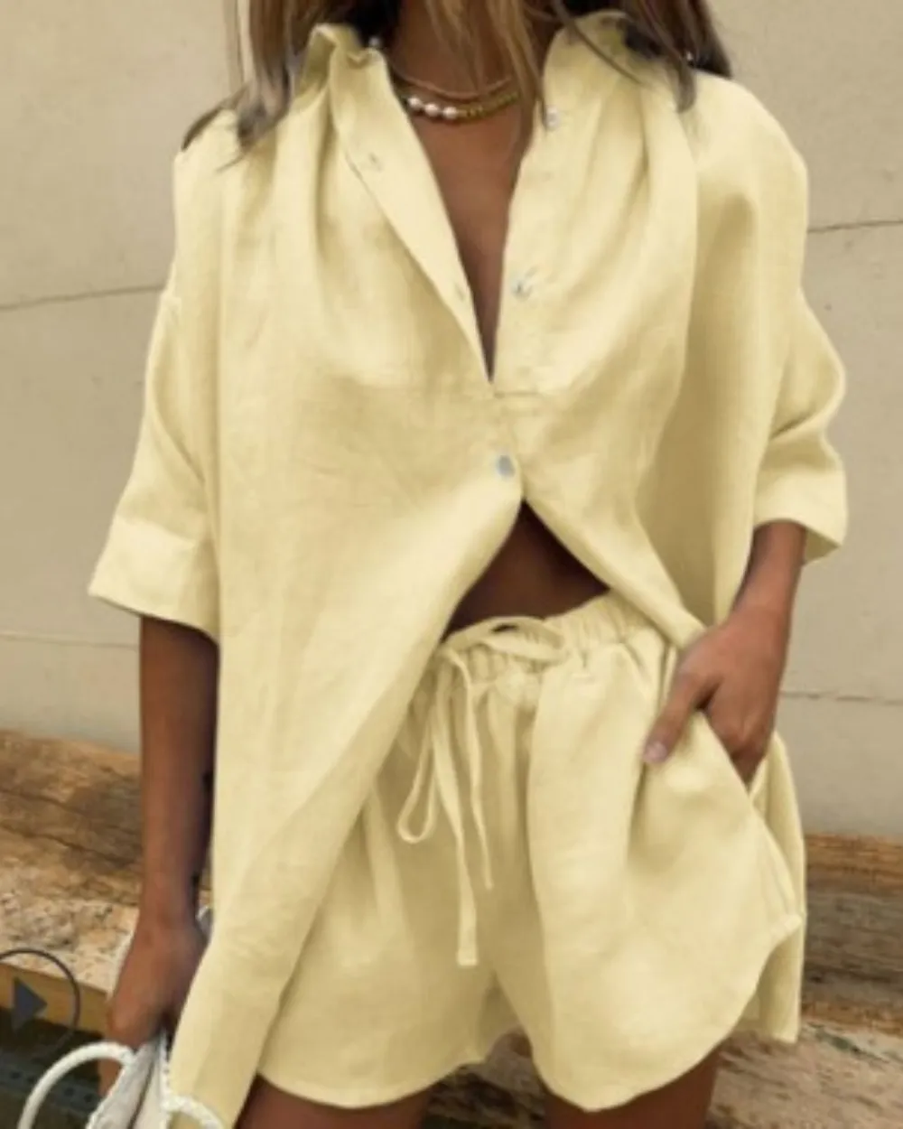 Casual V-Neck Shirt and Shorts Two-Piece Set