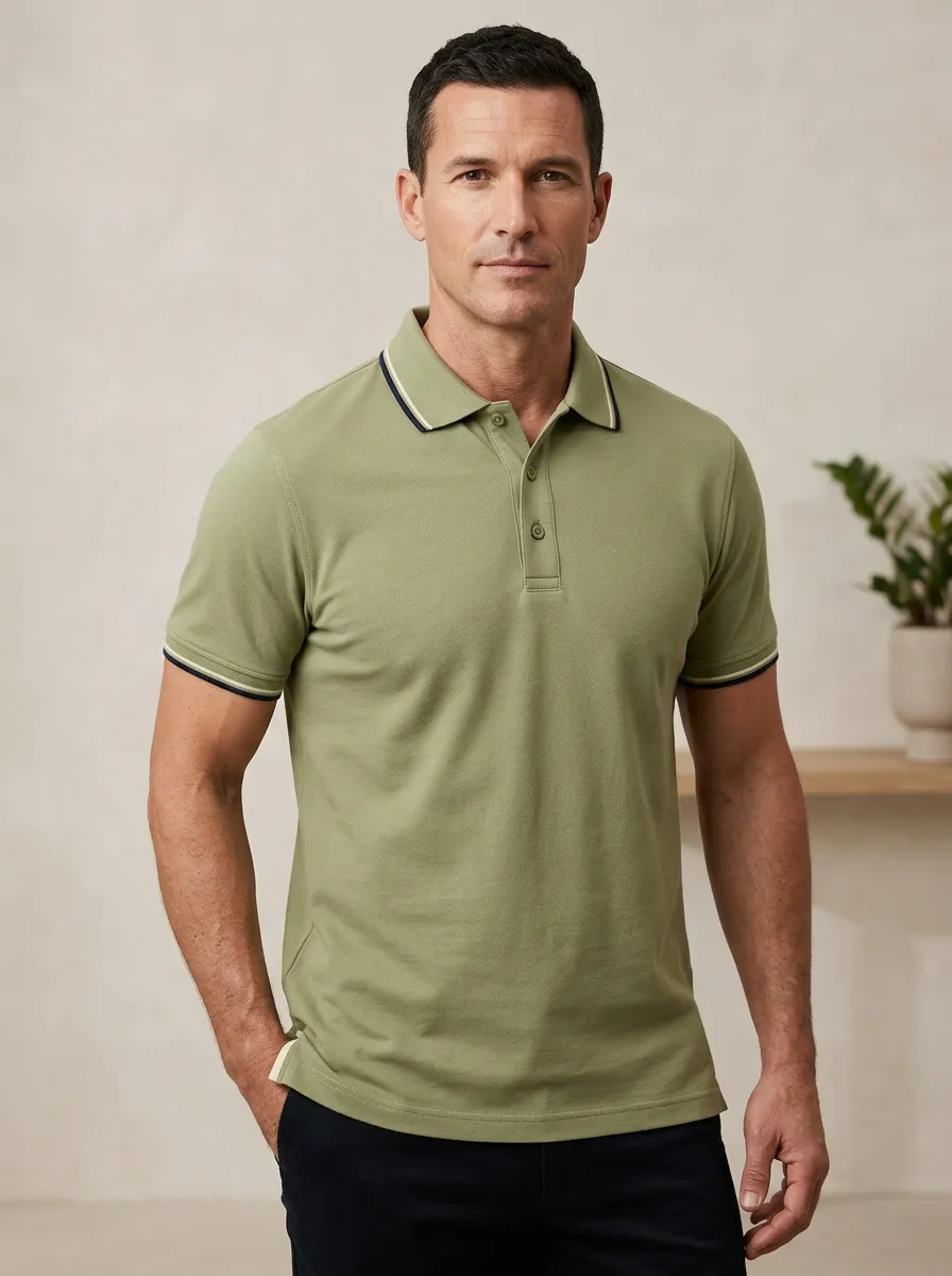 Men's Olive Green Contrast Trim Casual Polo Shirt