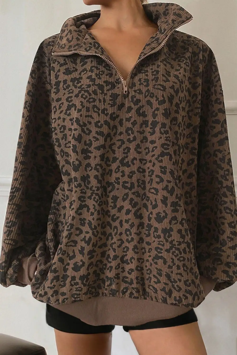Leopard Print Zip Detail Quarter Zip Sweatshirt
