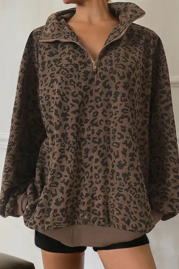 Leopard Print Zip Detail Quarter Zip Sweatshirt