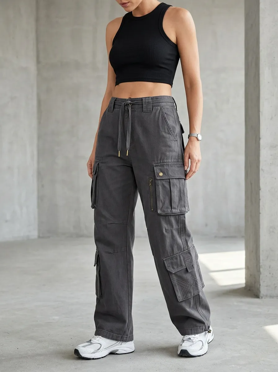 Lifestyle Embroidered Detail Multi Pocket Utility Look Women's Multi Pocket Cargo Pants
