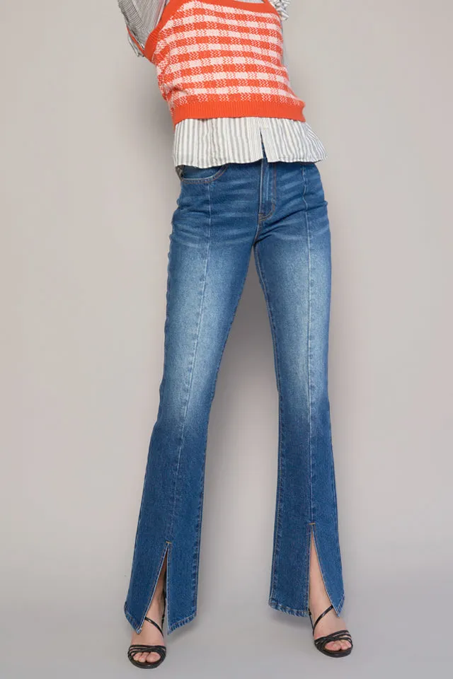 Women's High Rise Front Slit Flare Comfort Stretch Denim Jeans