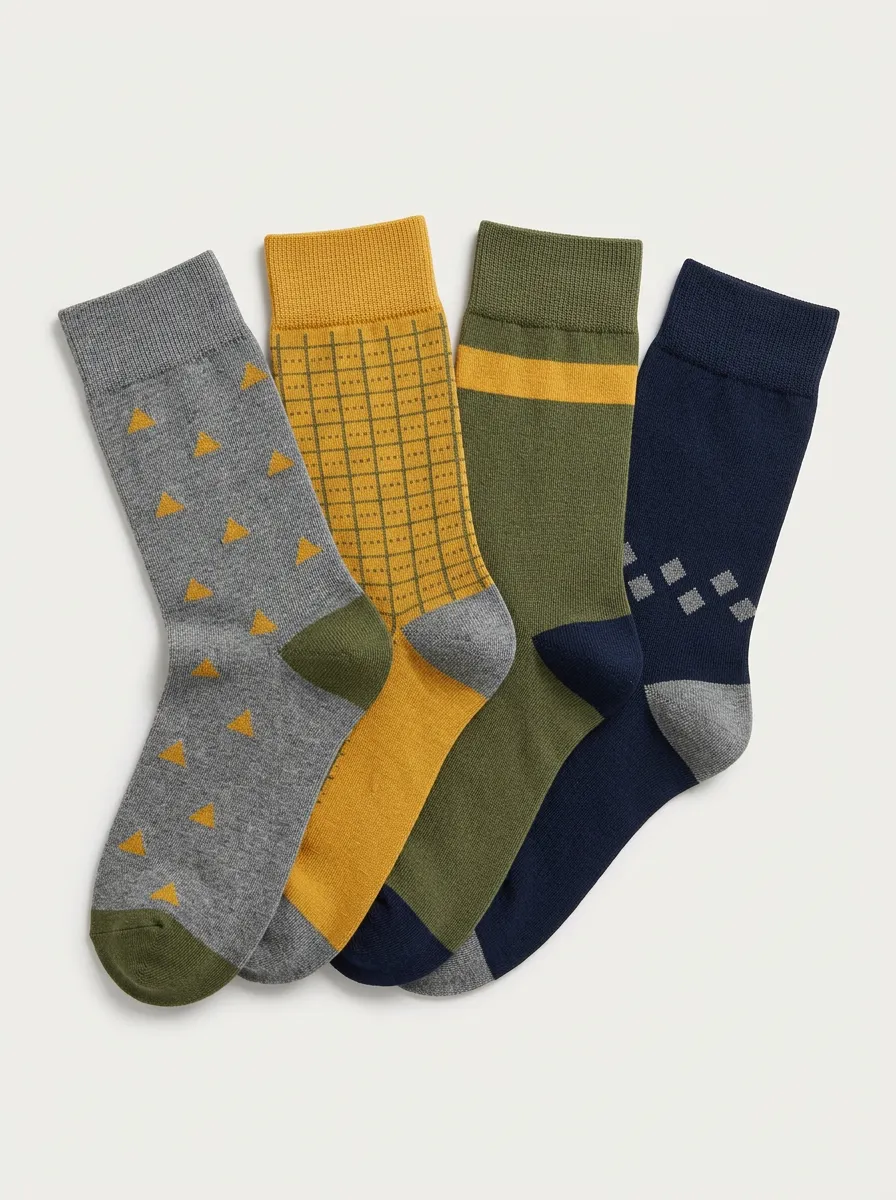 Men's Crew Socks Four-Pair Pack with Striped Geometric Ribbed Texture Crew Length
