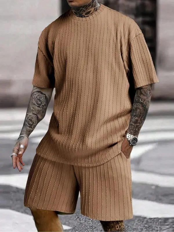 Men's Solid Textured Drop Shoulder Short Sleeve Tee & Drawstring Waist Shorts Set, Spring & Summer Clothes, Back To School Loose Casual Fashion Crew Neck T-shirt & Pocket Shorts for Daily Outdoor Wear, Men Outfits, Fall Outfits