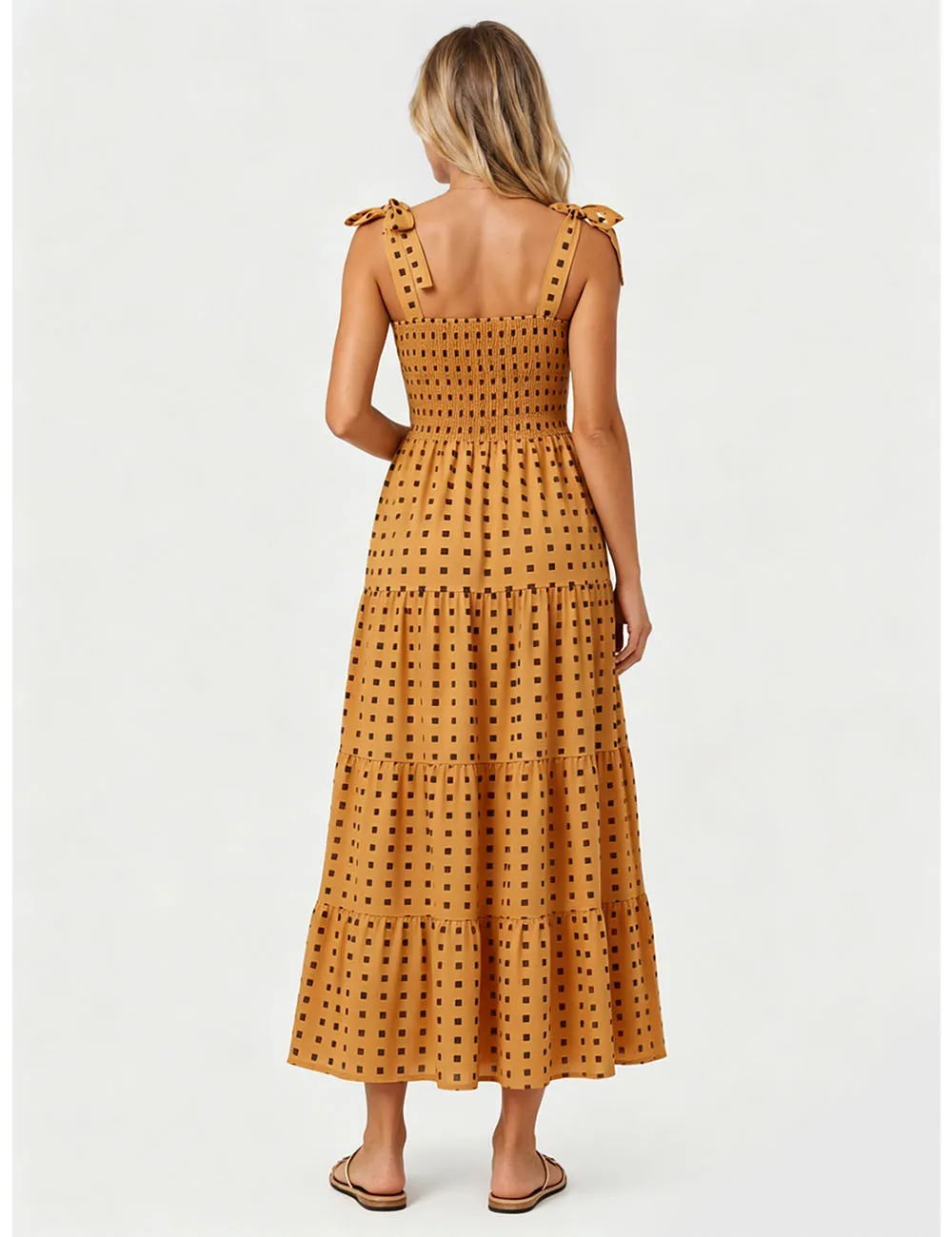 Abstract Smocked Strap Square Neck Midi Dress