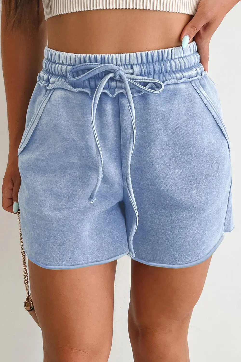 Breezy Drawstring Elastic Waist High Waist Raw Hem Shorts