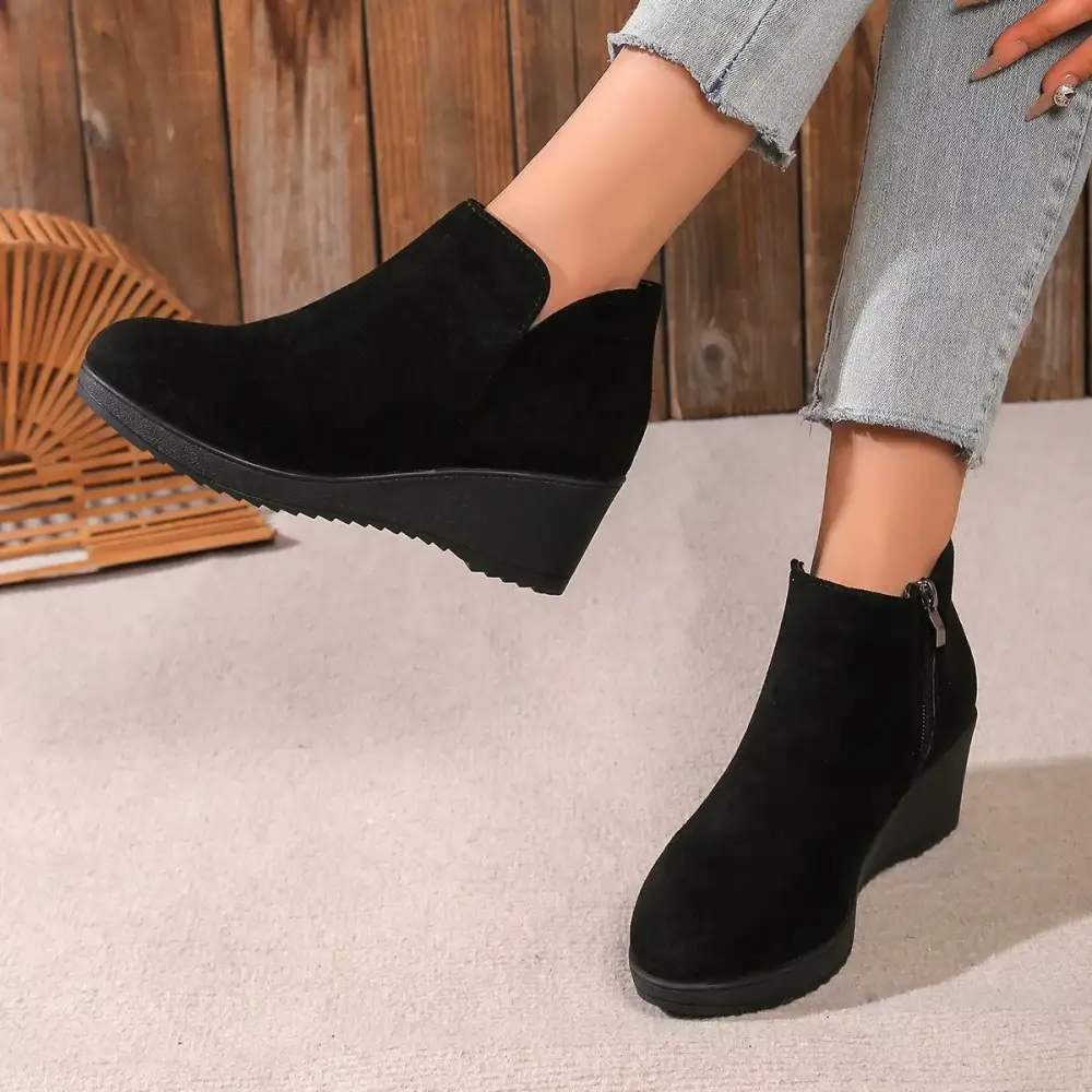 Textured Round Toe Wedge Ankle Boots