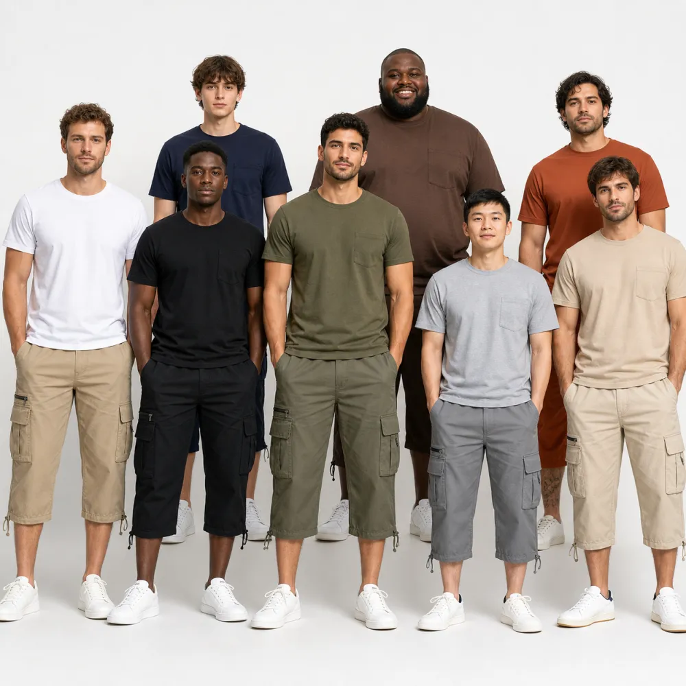 Men's Cropped Cargo Capri Pants with Utility Pockets and Drawstring Hem