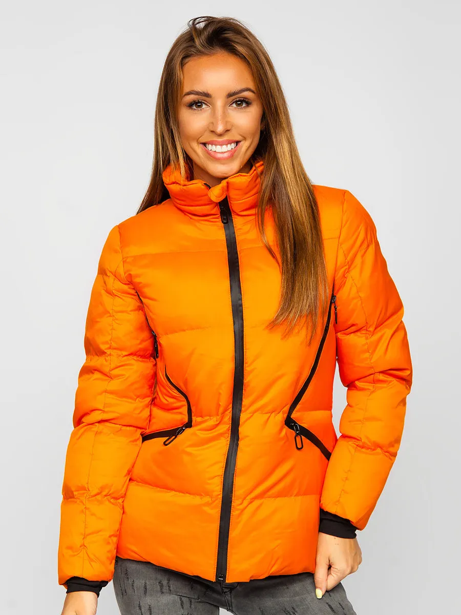 women's orange quilted winter jacket without hood