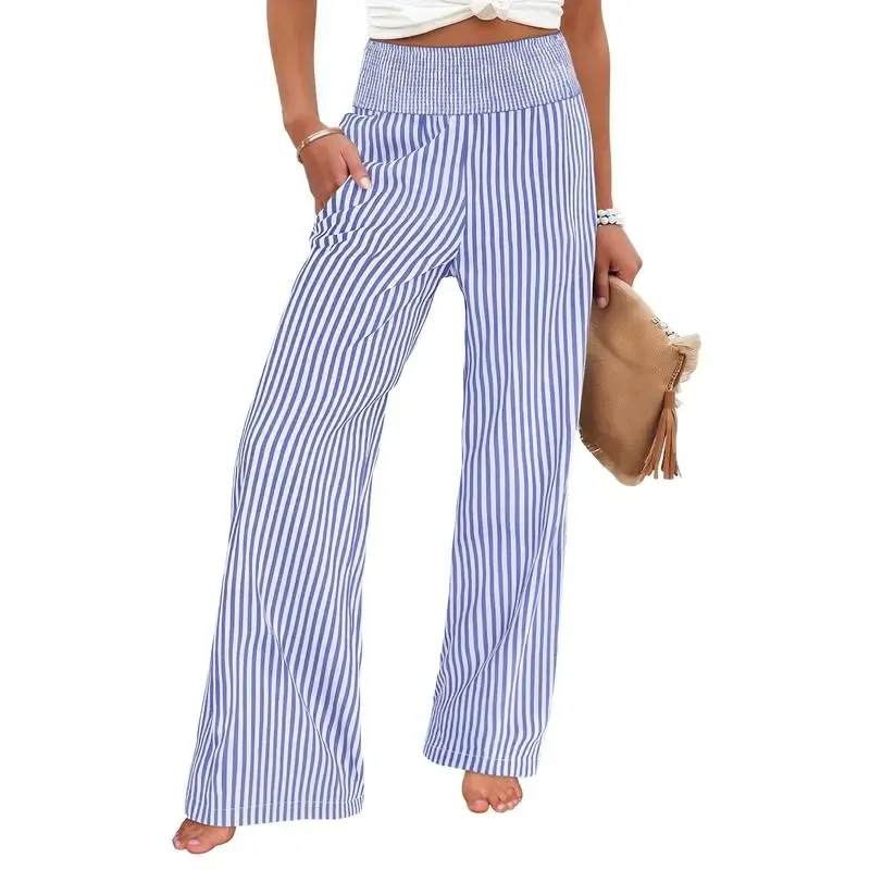 Women's High-Waisted Casual Striped And Checkered Wide-Leg Pants