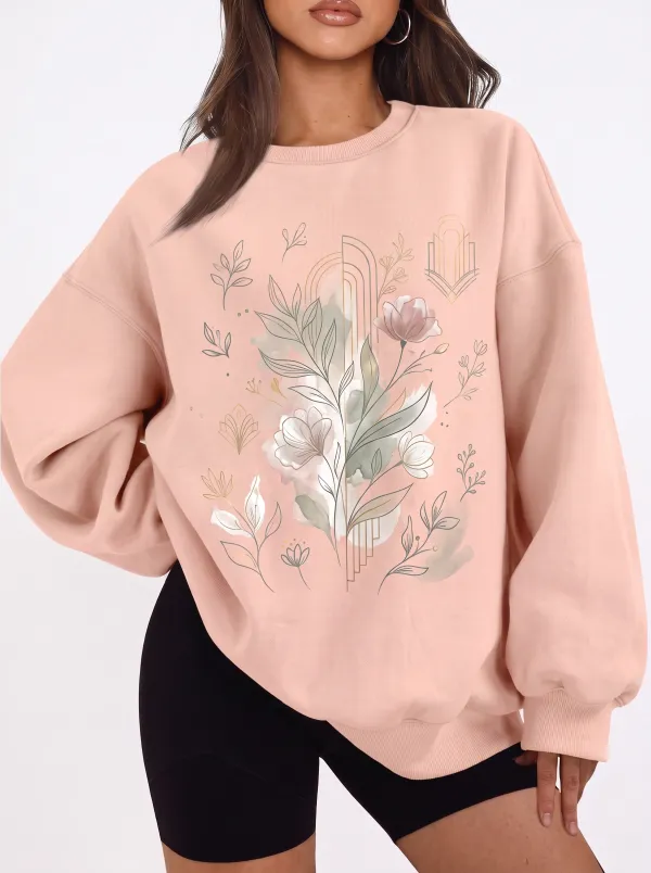 Women's Botanical Art Floral Watercolor Printed Sweatshirt