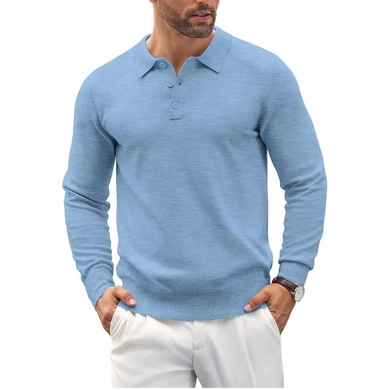 🧵 Men’s Soft Knit Long Sleeve Polo Shirt – Classic Style, Modern Comfort