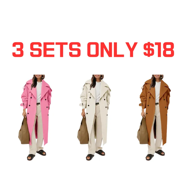 Womens Oversized Long Trench Coat Double Breasted Lapel Windproof Overcoat with Belt