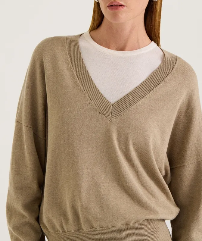 Tawny Relaxed V-Neck Drape Knit Jumper