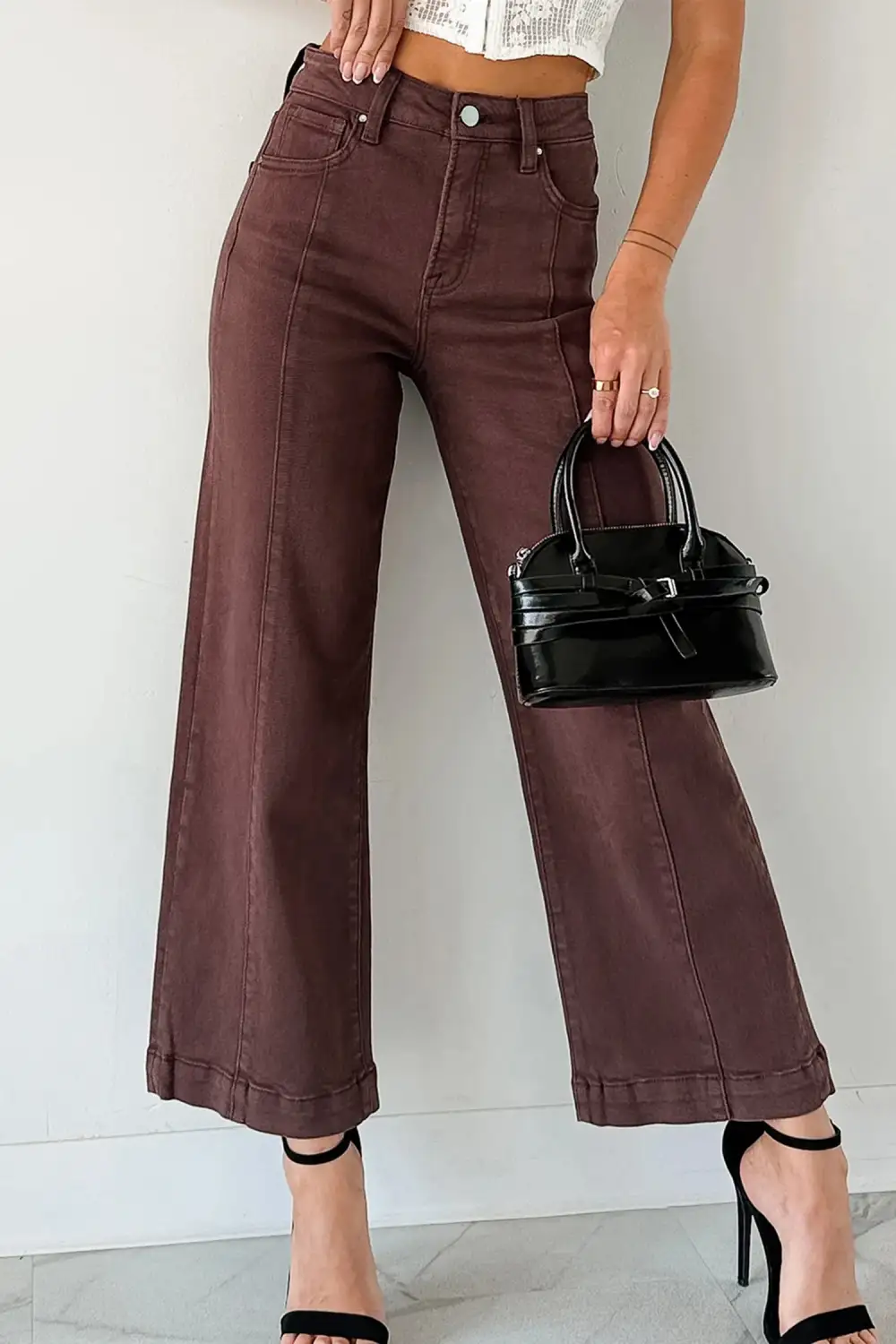Wide Leg Cropped Sandalwood Solid Seamed Jeans