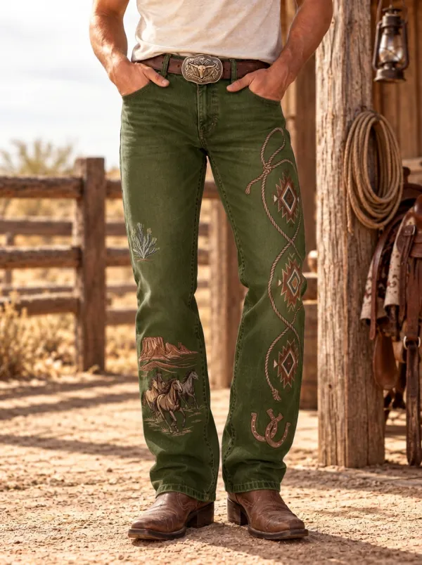 Men's Western Cowboy Horse Lasso Printed Jeans