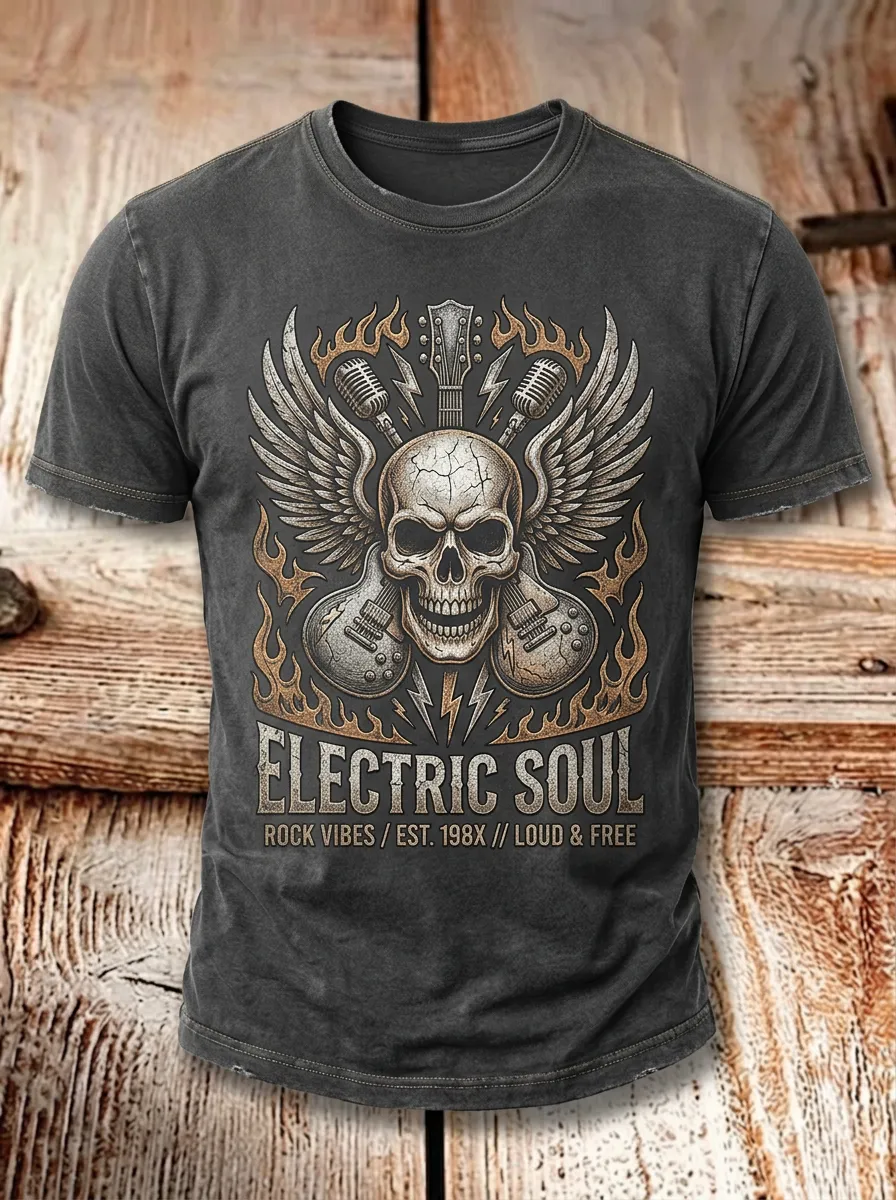Unisex Rock Music Lover Skull Guitar Wings Printed T-shirt