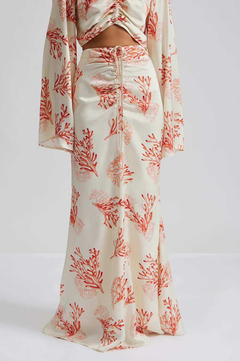 Coral Print Split Sleeve Maxi Skirt