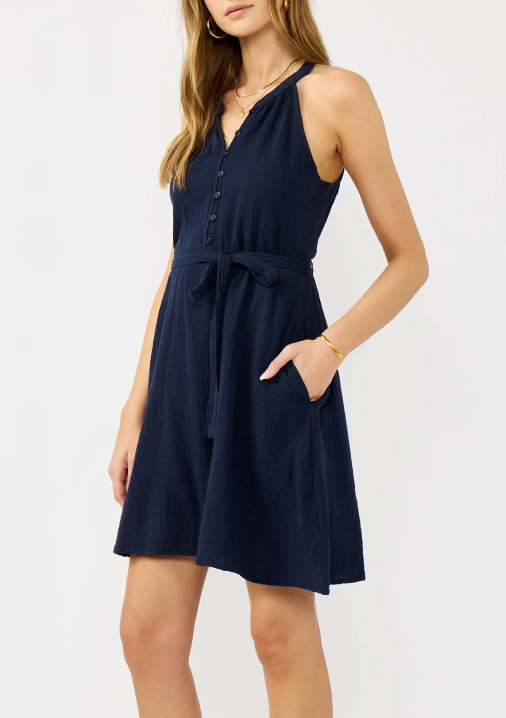 Tied Half Button Mini Dress