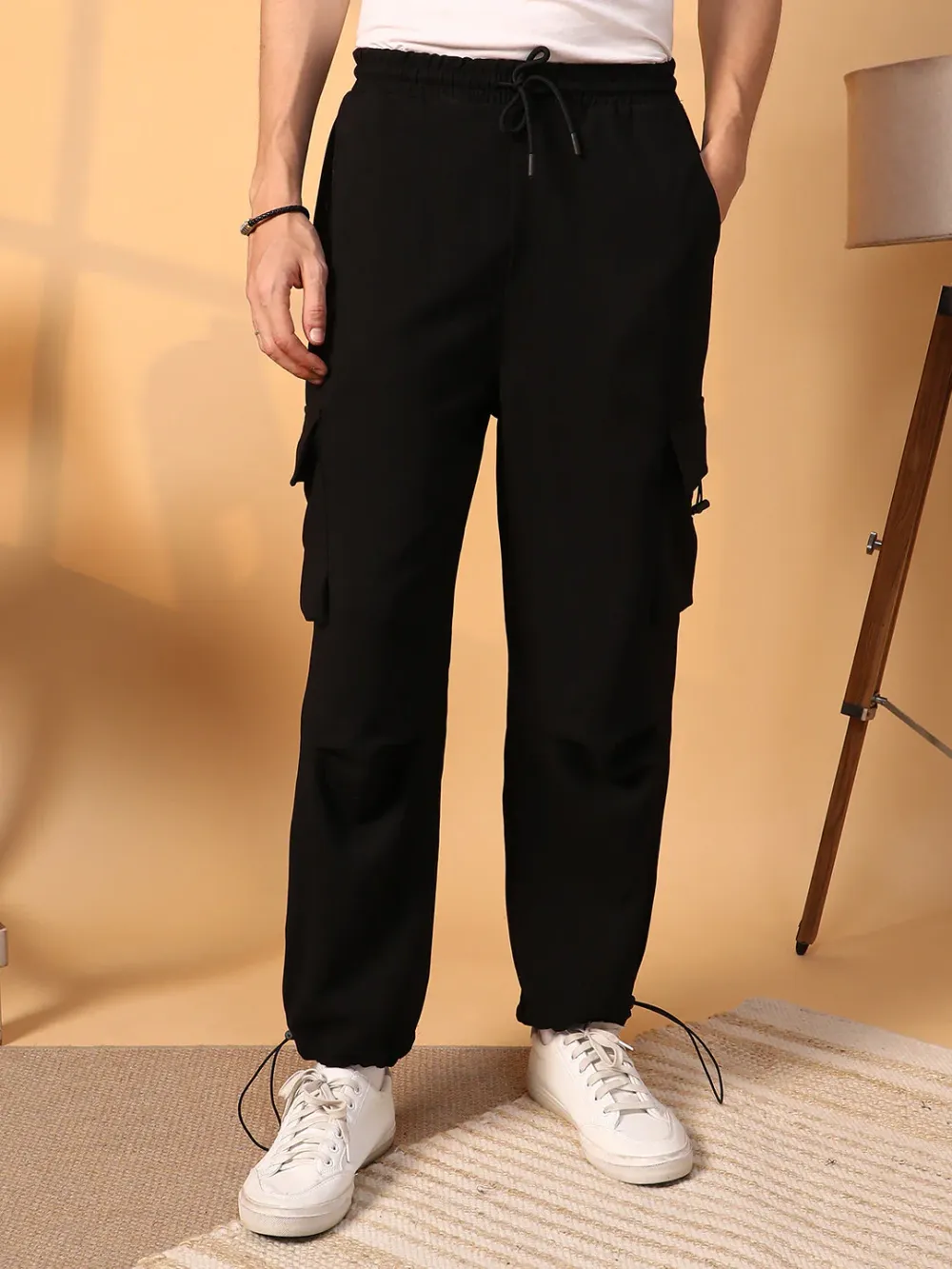 Black Mid-Rise Cargo Parachute Trousers