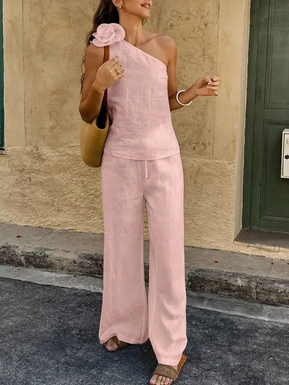 One-shoulder Embellished Top and Pants Set