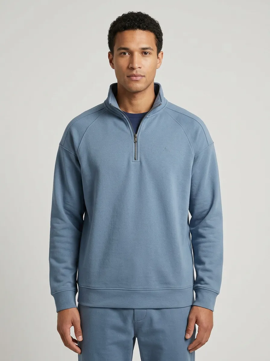 Men's Classic Minimalist Textured Raglan Embroidered Emblem Quarter-Zip Sweatshirt