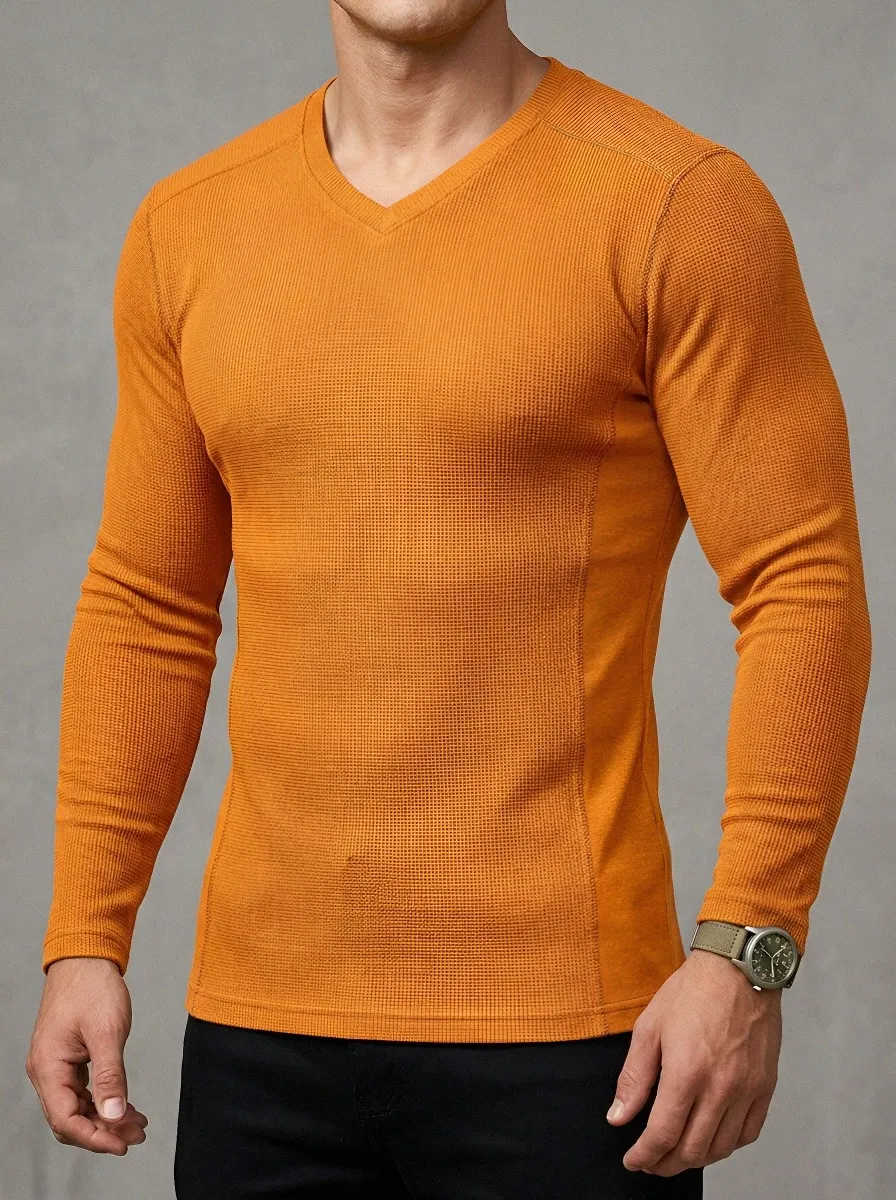 Men's Casual Minimalist Waffle Knit V-Neck Long Sleeve T-Shirt