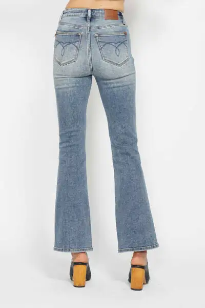 Tummy Control Back Embroidered Pocket Bootcut Denim Jeans