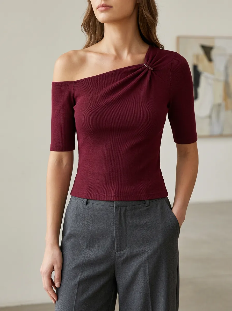 Women's Softline Ribbed Off-Shoulder Twisted Detail Off-Shoulder Top