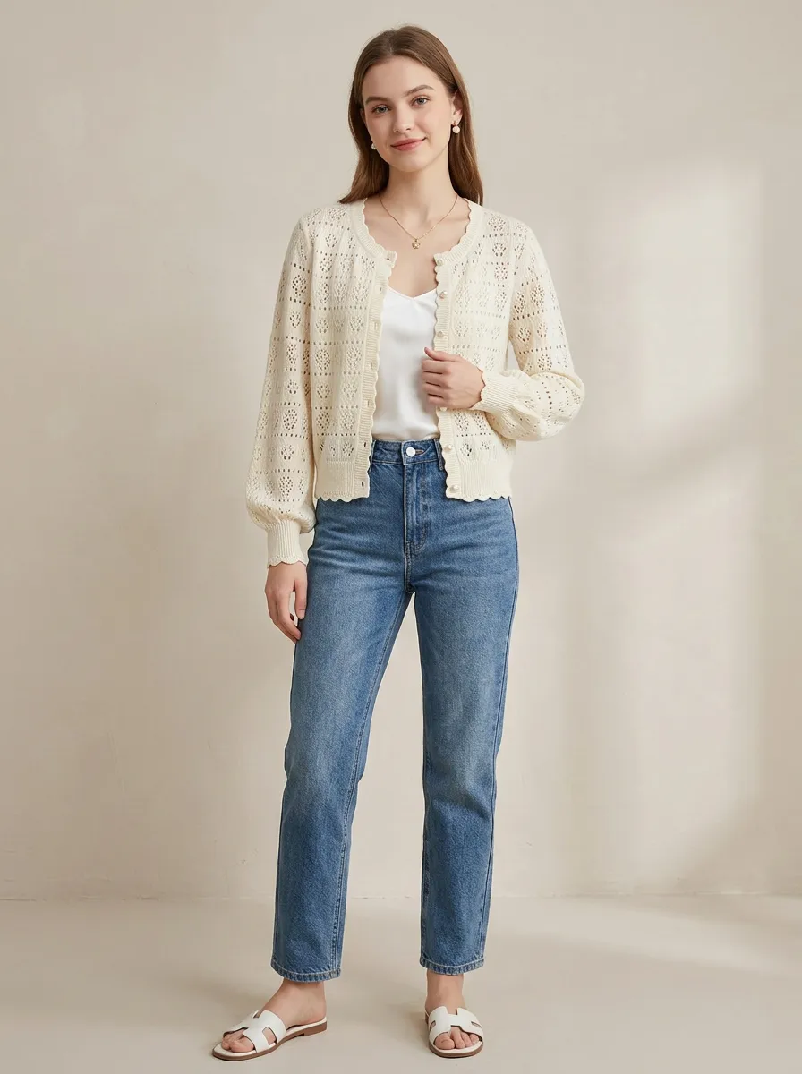 Women's Vintage Style Cream Crochet Knit Buttoned Cardigan