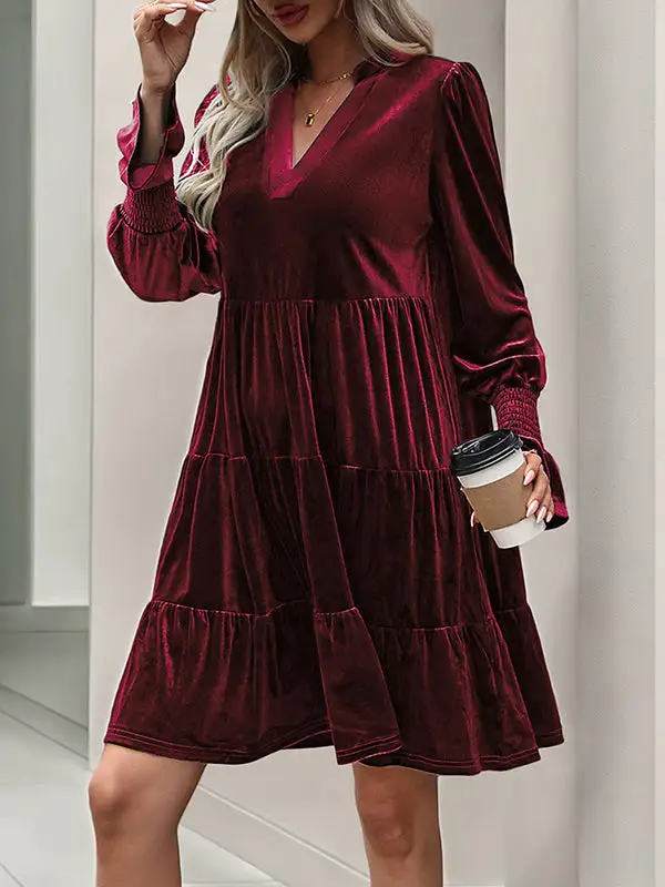 A Line Long Sleeve Pleated Solid Color Velvet V Neck Mini