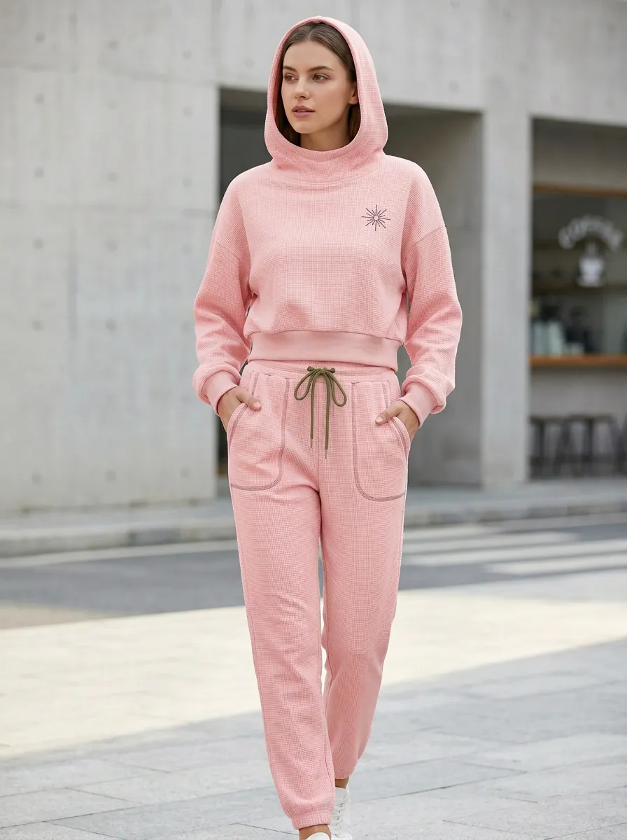Women's Minimalist Sun Symbol Printed Waffle Knit Hoodie Jogger Set